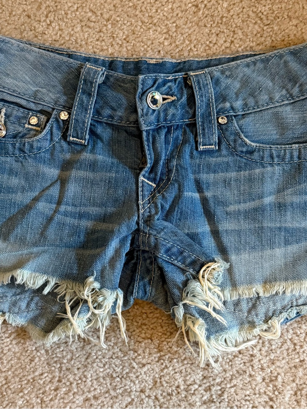 True Religion Light Blue Frayed Denim Shorts